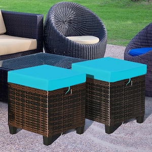 2-Piece Wicker Outdoor Patio Ottoman with Turquoise Cushions