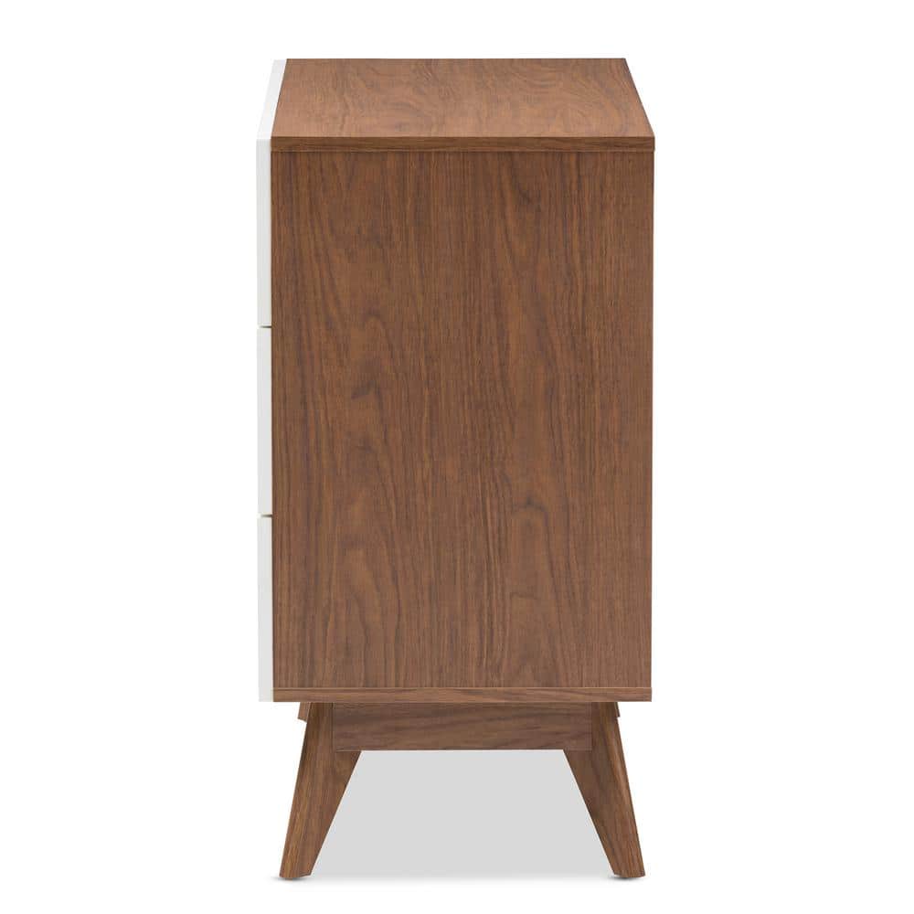 White and Walnut Mid-Century Modern 3-Drawer Chest