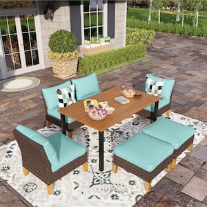 Brown Rattan Wicker 6 Seat 7-Piece Metal Patio Outdoor Dining Set With Blue Cushions,Rectangular Metal Table, 2-Ottomans