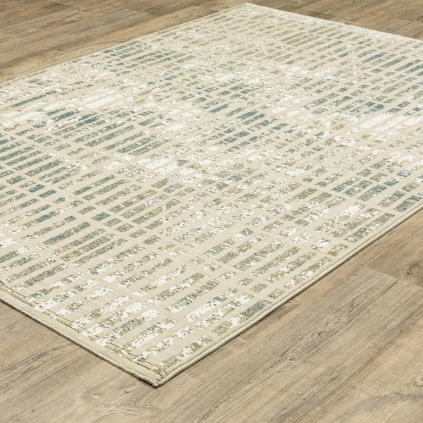 Ross Ivory/Blue 2 ft. x 8 ft. Geometric Distressed Polypropylene/Polyester Fringed Indoor Runner Area Rug