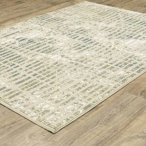 Ross Ivory/Blue 5 ft. x 8 ft. Geometric Distressed Polypropylene/Polyester Fringed Indoor Area Rug