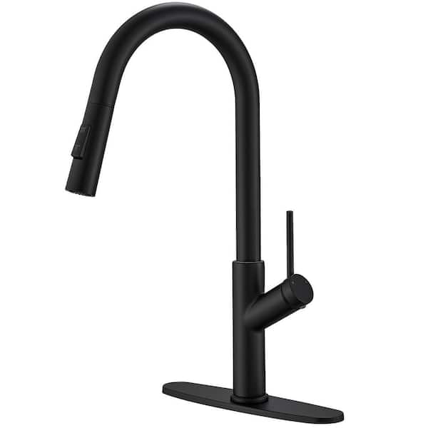 Single Handle Pull Down Sprayer Kitchen Faucet, Sing Hole Kitchen Sink Faucet with Deck Plate in Matte Black