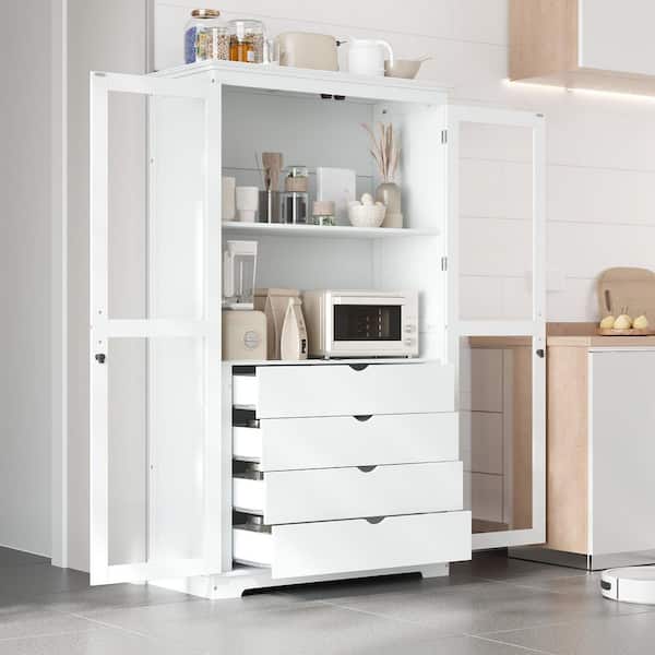 White 75 in. Accent Cabinet, Pantry Cabinet with Glass Doors and 4 Built-in Drawers