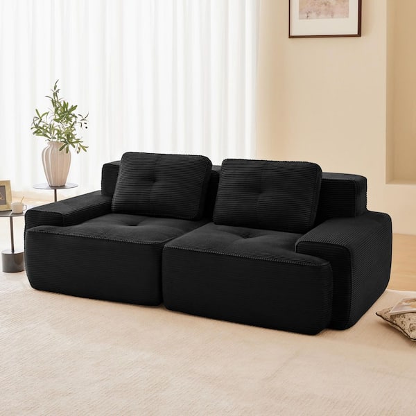 82 in Modern Straight Arm Corduroy L-Shaped Modular Sectional Sofa 2-Seater Couch Pearl-Like Piping in Black