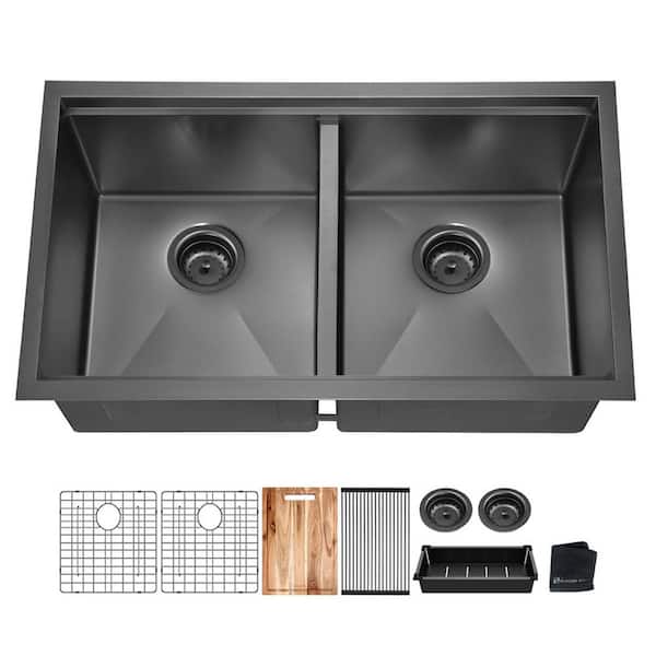 Glacier Bay 33 in. Undermount Double Bowl 18 Gauge Gunmetal Black Stainless Steel Workstation Kitchen Sink