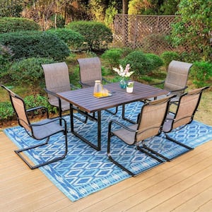 Black 7-Piece Metal Outdoor Patio Dining Set with U Shaped Rectangle Table and C-Spring Textilene Chairs