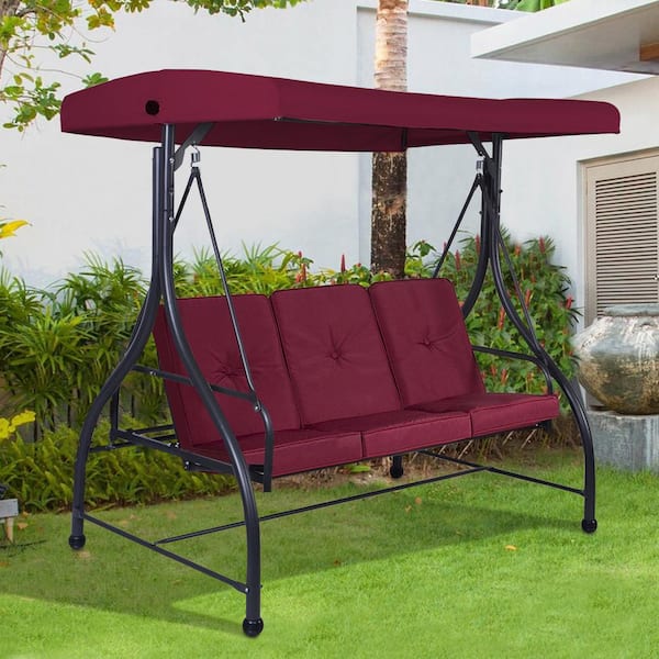 3 Seats Outdoor Swing Hammock with Adjustable Tilt Canopy, Red Cushions