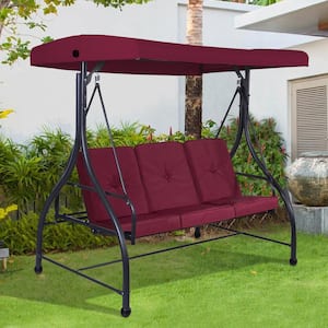 3-Person Metal Outdoor Patio Swing Canopy Hammock with Wine Cushions