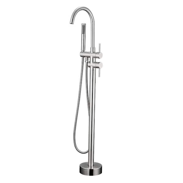 Modern 1-Handle Freestanding Floor Mount Tub Faucet Bathtub Filler with Hand Shower in Brushed Nickel