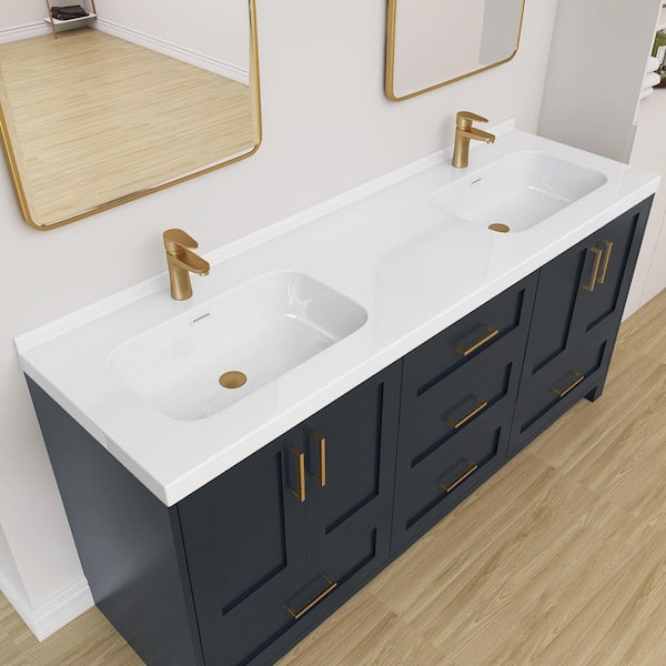 72 in. W x 22 in. D Solid Surface White Vanity Top Rectangular Double Sink Bathroom Vanity Top in Glossy White