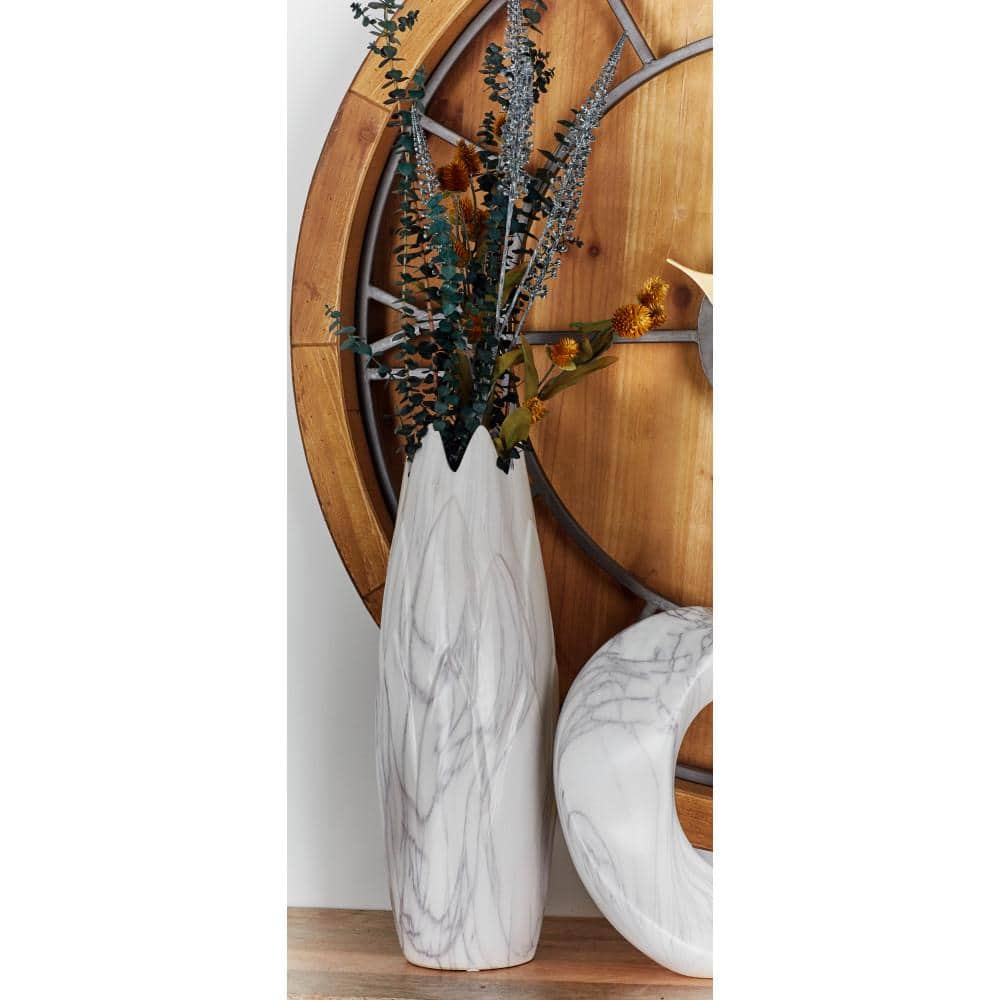 21" White Marbled Ceramic Vase with Organic Shape