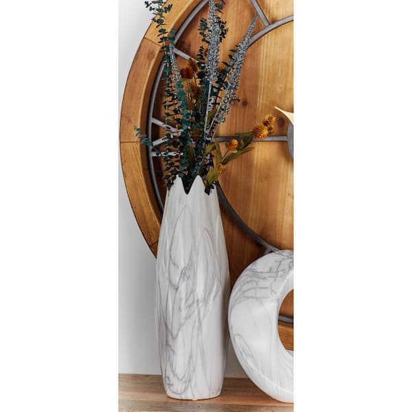 Litton Lane 21 in. White Marbled Ceramic Decorative Vase with Angled Edge Opening
