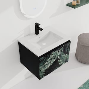 24 in. W x 18.3 in. D x 17.3 in. H Single Sink Floating Bath Vanity in Green Leaf with White Resin Top and Cabinet