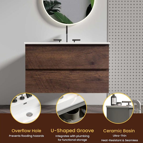 FAMYYT 36 in. W Single Sink Floating Walnut Bath Vanity with White