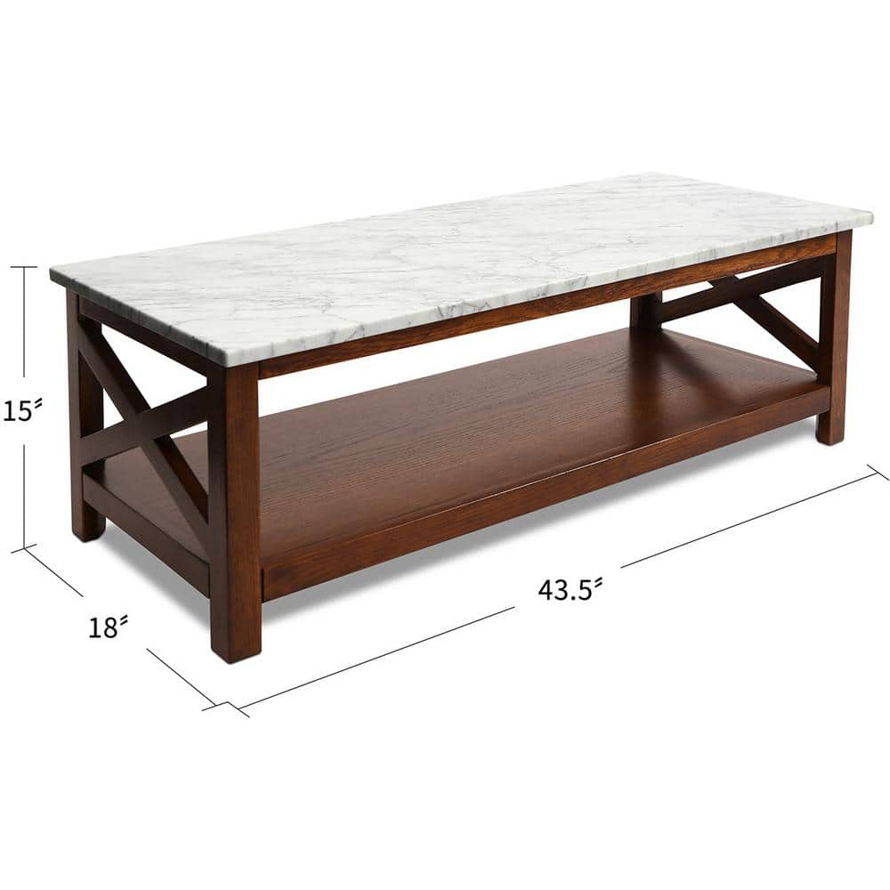 Agatha 44" Rectangular White Marble Coffee Table with Walnut Wood Legs