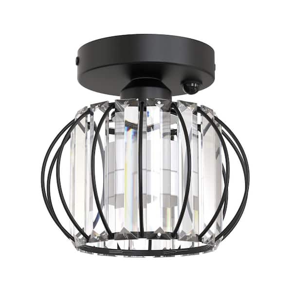 7 in. 1-Light Motion Sensor Semi Flush Mount Ceiling Light, Black Modern Fixture for Smart Entryway, Hallway, Bedroom