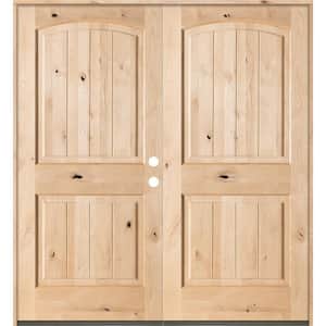 60 in. x 80 in. Rustic Knotty Alder Arch Top Unfinished /V-Groove Left-Hand Inswing Wood Double Prehung Front Door