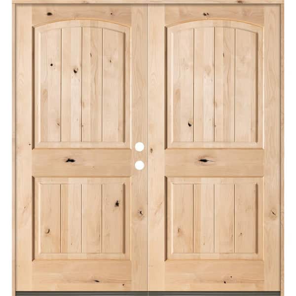 Krosswood Doors 60 in. x 80 in. Rustic Knotty Alder Arch Top Unfinished /V-Groove Left-Hand Inswing Wood Double Prehung Front Door