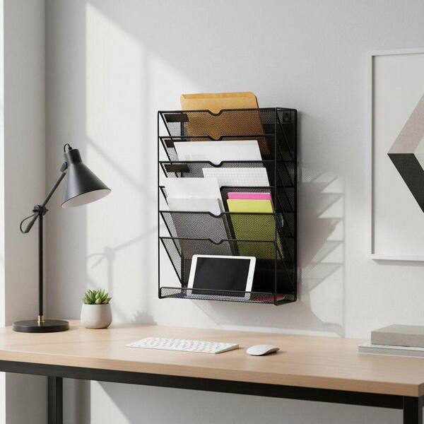 12.6 in. x 4.2 in. 6-Tier Black Metal Wall Magnetic File Holder