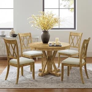 Vianey 5-Piece Round Natural Dining Set with 4-Chairs and Round Table