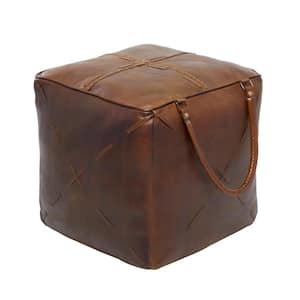 19 in. Brown Canvas with Leather Handles Pouf