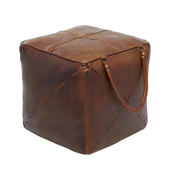 Litton Lane 19 in. Brown Canvas with Leather Handles Pouf