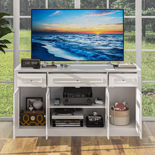 FUFU&GAGA White Wood Entertainment Center TV Stand for TVs up to 75 in. with Tempered Glass Door Media TV Console, Drawers