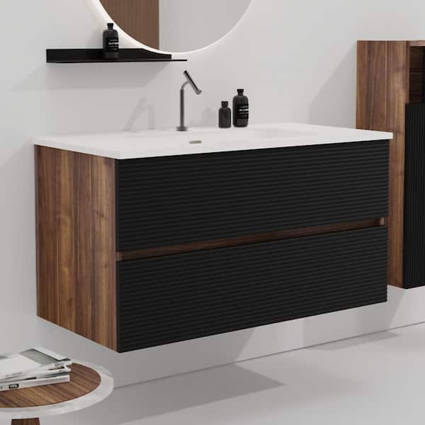 FAMYYT 36 in. Single Sink Floating Black Walnut Bath Vanity with White Ceramic Top, Pre-assembled