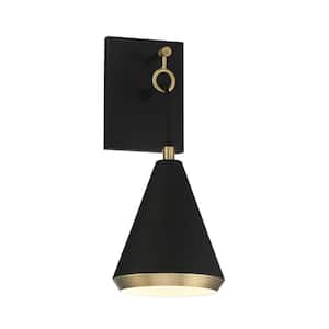 6 in. W x 17 in. H 1-Light Matte Black and Natural Brass Wall Sconce with Matte Black Metal Shade