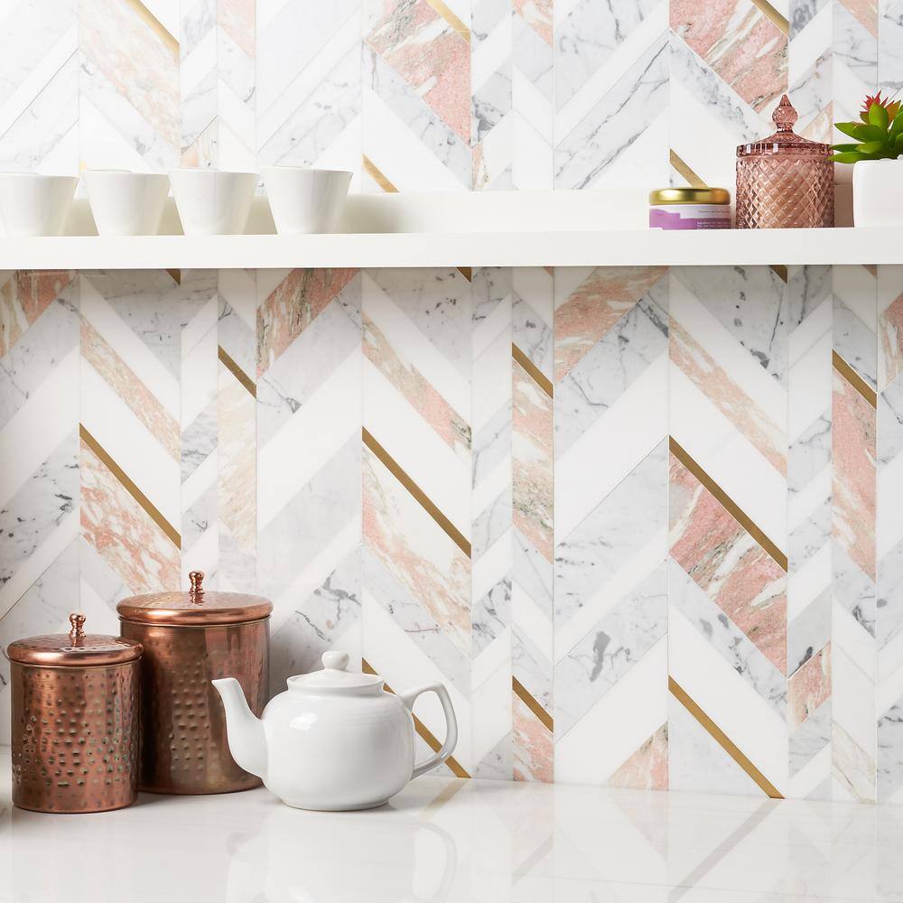 Xander 12" x 18" Polished Marble and Brass Chevron Wall Tile