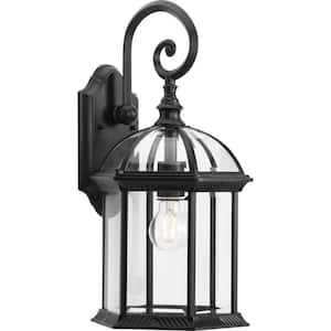 Dillard 1-Light Textured Black Hardwired Outdoor Wall Lantern Sconce with Beveled Glass Shade Transitional