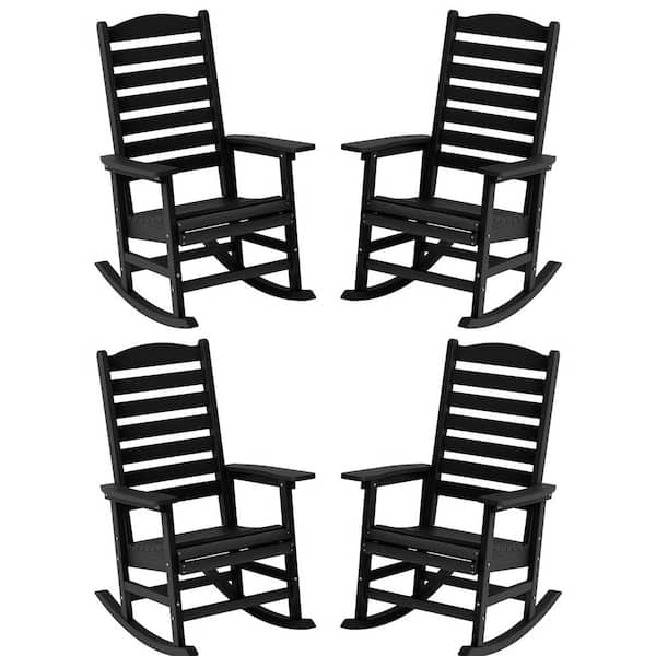 Black All Weather Resistant HIPS Plastic Patio Outdoor Rocking Chair for Lawn, Porch, Indoor and Garden (Set of 4)