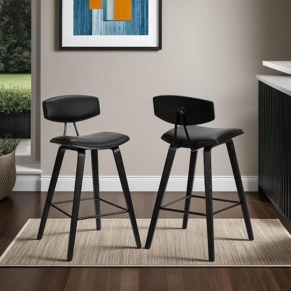 Armen Living Fox 28.5 in. Mid-Century Bar Height Bar Stool in Black Faux Leather with Black Wood