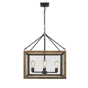 Sutton 4-Light Pendant in Black with Wood Cage and Black Chicken Wire Panels