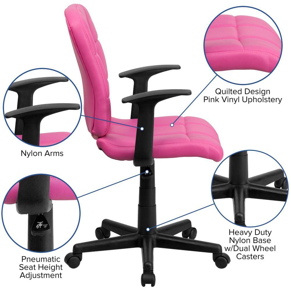 Elegant Mid-Back Pink Quilted Vinyl Swivel Task Chair with Arms