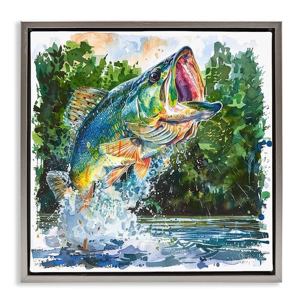 Stupell Industries Splashing Bass Fish by LSR Design Studio Gray Floater Frame Animal Graphic Art Print 18 in. x 18 in.