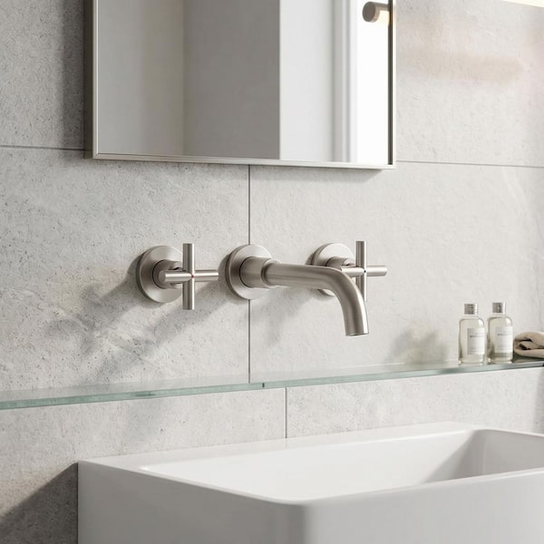 Double Handle Wall Mounted Bathroom Faucet in Brushed Nickel
