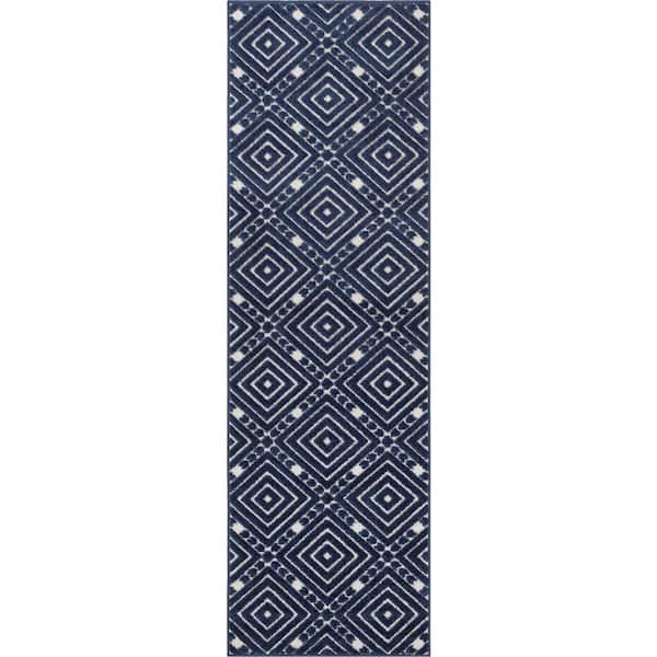 Well Woven Dorado Metier Modern Geometric Trellis Blue High-Low Indoor/Outdoor 2 ft. 3 in. x 7 ft. 3 in. Runner Rug