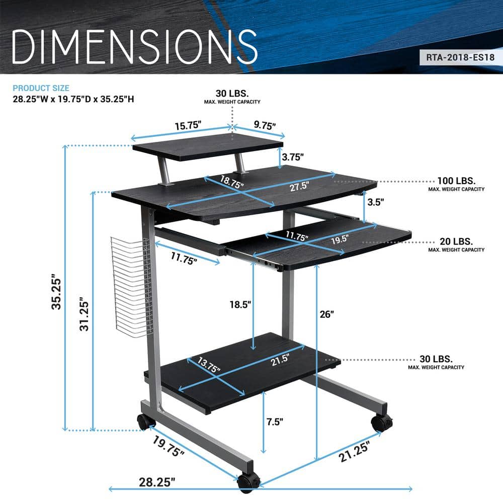 Espresso Compact Workstation Cart with Slide-Out Keyboard Tray