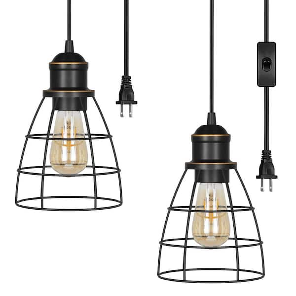 DEWENWILS 60 -Watt Black Adjustable Height Farmhouse Cage Pendant Light with Shade (2-Pack)