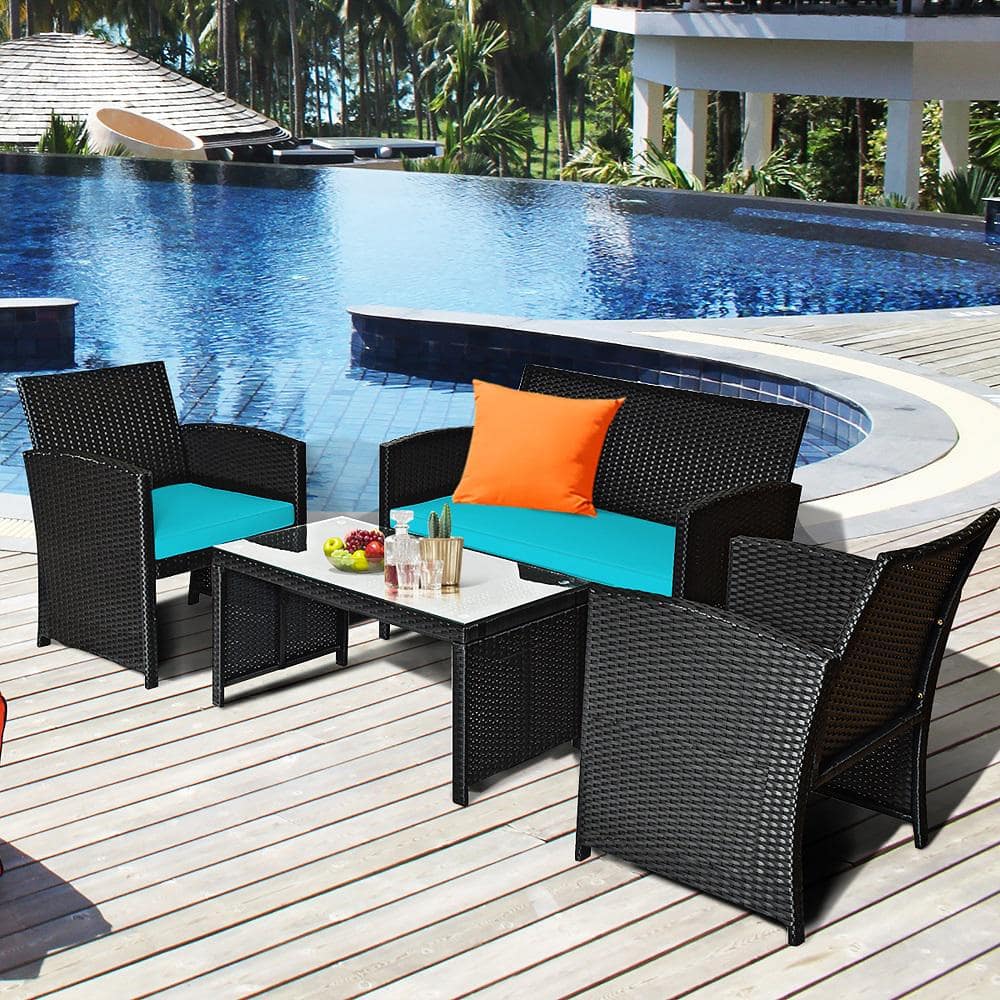 Turquoise Cushioned Black Wicker 4-Piece Patio Conversation Set