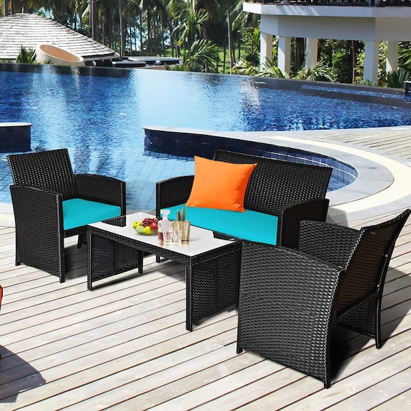 4-Piece Patio Rattan Furniture Conversation Set Cushion Sofa Table Garden Turquoise