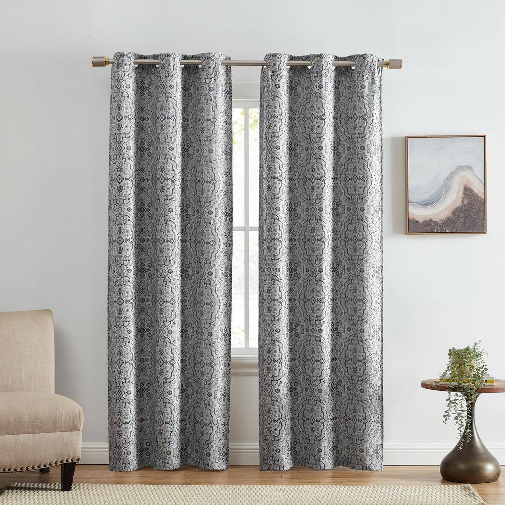Charcoal Gray Ikat Blackout Grommet Window Curtain Panels, 37" x 63"