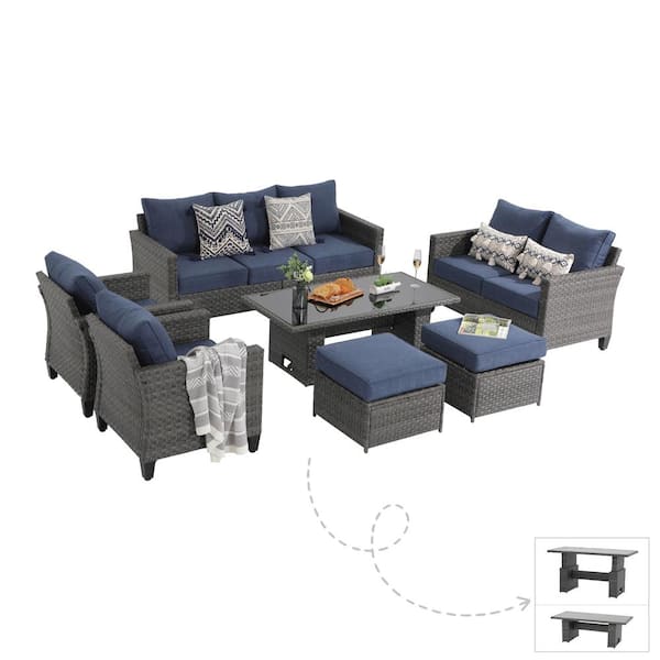 7-Piece Wicker Grey Outdoor Conversation Set with Lift Coffee Table and Ottomans, Blue Cushions