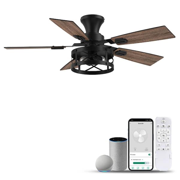 42 in. Smart Outdoor Indoor Black Standard Flush Mount Ceiling Fans with E26 Base Lights and Remote/WIFI/Alexa