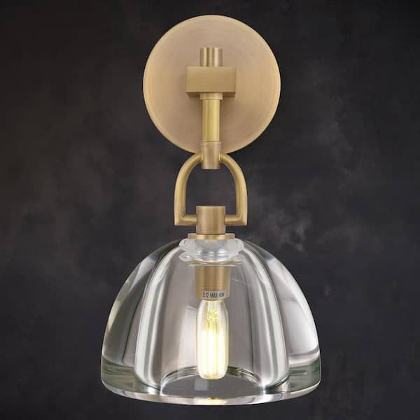 7.09 in. 1-Light Dimmable LED Brass Crystal Wall Sconce, Modern Bathroom Wall Light, for Bedroom, Living Room, Foyer