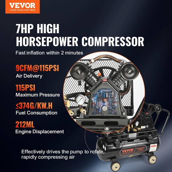 13.2 Gal. Gas Powered Air Compressor 7HP 9 CFM at 115 psi Air Compressor Tank with Wheels Piston Pump for Workshop Sites