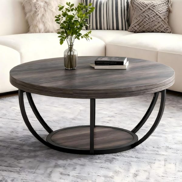 31.7 in. Farmhouse Gray Round Wood Coffee Table with Storage, 2-Tier Small Modern Center Table for Living Room, Office