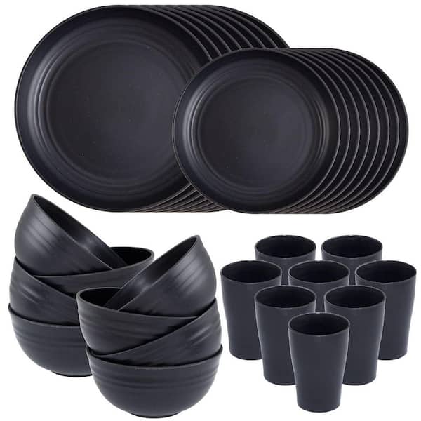 Black Wheat Straw Dinnerware, 32-Piece Unbreakable Reusable Dishes, Lightweight Plates Bowls Cups Set (Service for 8)