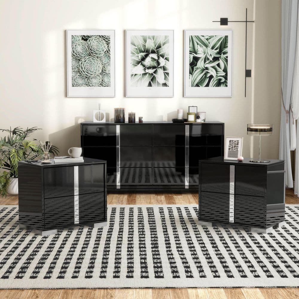 Mesala 3-Piece Glossy Piano Black 2-Drawer (Set of 2) Nightstands and Dresser with Chrome Handles